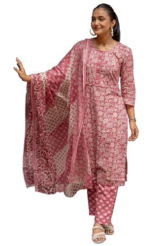 Image of MIRCHI FASHION Women's Straight Fit Pure Cotton Embellished Floral Printed Kurta Set with Dupatta and Trouser