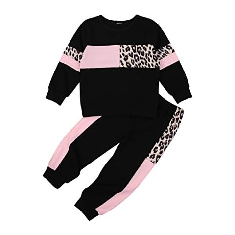 Toddlers Baby Girls Clothes Set Leopard Pattern Long Sleeves Pullover Top Sweatshirt Trousers Tracksuit Outfits Set 2Pcs Kids Spring Fall Clothes 1-6Y (Black, 1-2 Years) Cover