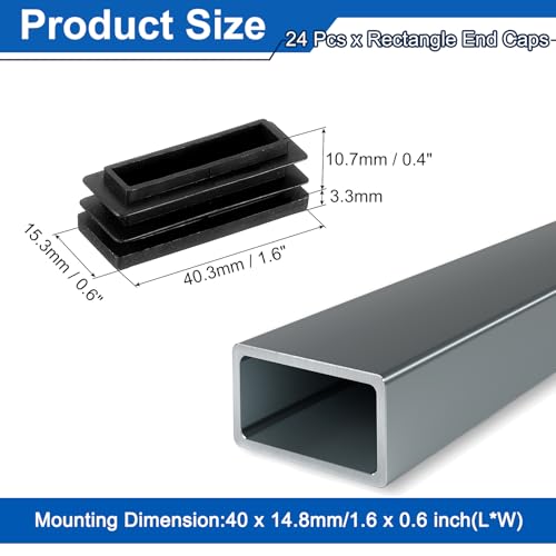 Image of uxcell 24 Pcs Rectangle Tubing End Caps 1 9 /16 x 19 /32 Inch Plastic Hole Plugs Insert End Cap for Metal Tubing Post Chair Leg Table Bookshelves Furniture, Black