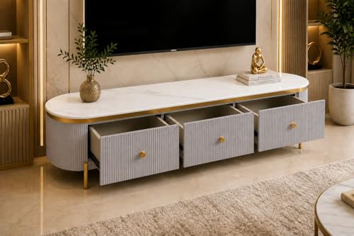 Image of Mazzo White Marble TV Unit Console | 70 inchx15 inchx18 inch | Golden Legs & Charcoal Louvers | Storage Drawers | Modern TV Stand Console Unit White Marble Top with Gold Accents, Storage (Gray)