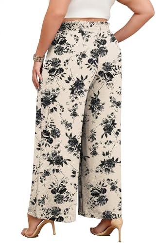 Lastshe Plus Size Wide Leg Pants for Women Elastic High Waisted Drawstring Loose Lounge Long Palazzo Trousers with Pockets3