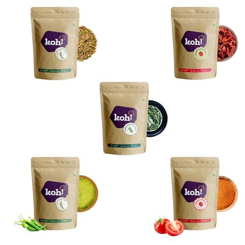 Image of KOH Dehydrated Green Chilli, Dehydrated Tomato, Dehydrated Curry Leaves, Green Chilli Powder & Tomato Powder | Pure & Natural | Premium Dried Ingredients for Cooking, Seasoning, Curries, Sauces
