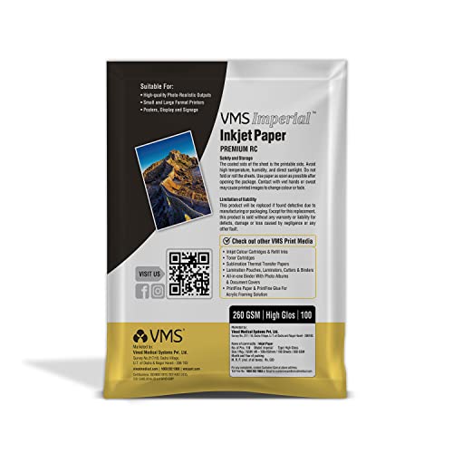 VMS Imperial 260 GSM 4R (4x6) Glossy Photo Paper – Waterproof, Pack of 100 sheets, Compatible with all Inkjet Printers