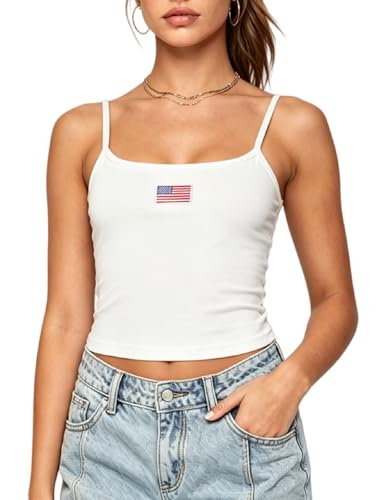 NUFIWI Women Graphic Tank Top American Flag Spaghetti Strap Embroidered Crop Tops Sleeveless Cute Baby Tee Y2k Jersey Camisole(Flag White S)