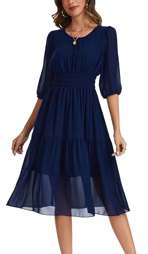 Image of Kormei Women Casual Boho Floral Round Neck 3 /4 Sleeve Smocked Waist Tiered A Line Flowy Swing Midi Dress Long Dresses