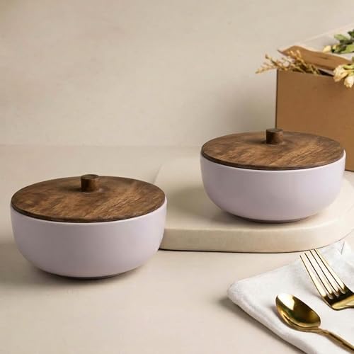 Image of The Earth Store Solid Lavender Ceramic Bowl Set of 2 with Lid, 500ML | Microwave & Dishwasher Safe Snack Bowl, Ceramic Bowl, Stylish Serving Bowls for Home, Office & Gifting