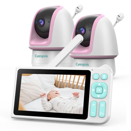 Cyanpink Video Baby Monitor with 2 Cameras, 2000ft Range, 1080p HD, 5" Screen, No WiFi, Dual View, 5000mAh Battery, Super Clear Night Vision, Pan-Tilt-Zoom, 2-Way Audio, AI Cry & Motion Detection