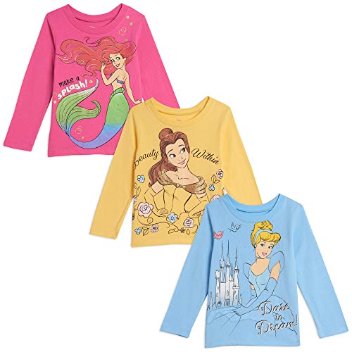 Disney Princess Cinderella Little Girls 3 Pack Long Sleeve Ruffle T-Shirts 6-6X