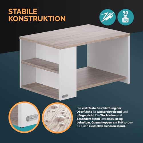 Casaria® Couchtisch Holz Weiß Eiche mit Stauraum 2 Fächer Wohnzimmertisch 90x60x50cm Kratzfest 50kg Belastbar Eckig Ablage Beistelltisch Sofa Couch