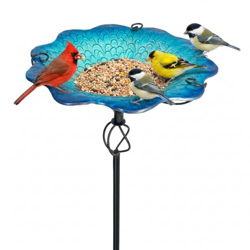 Image of HONGLAND Bird Baths for Outside,11 inch Small Blue Glass Birdbaths Outdoor,Detachable Bird Feeder with Metal Stake for Garden Yard Patio Decor,30 inch Height