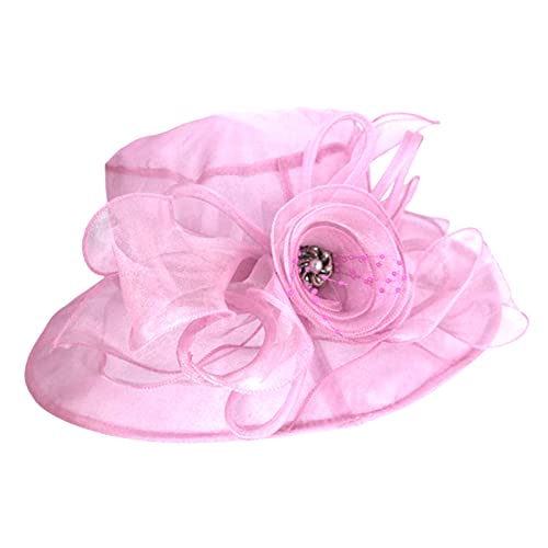 Womens Organza Kentucky Church Derby Hats Fascinator Wedding Tea Party Wedding Cap Summer Fashionable Fedora Hat (Hot Pink, One Size)