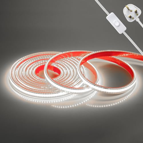 KAFULA 220V COB LED Light Strip with On/Off [20M, White 6000-6500K],IP65 Waterproof Flexible,288 LEDs/m Cuttable FCOB LED Rope Light CRI85+,Double-Sided Tape Adhesive,Home/Store Decoration