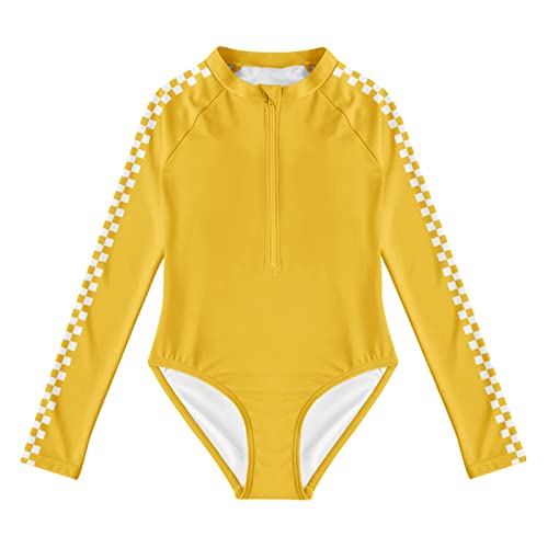 Image of Girls One-Piece Swimsuits Plaid Long Sleeve Beachwear Zip Rash Guard Swimwears