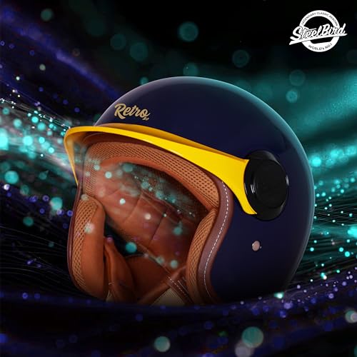 Image of Steelbird SBH 65 Retro 3.0 DOT and ISI Certified Open Face Helmet for Men and Women (X-Large 620 MM,Glossy Navy Blue with Yellow Peak)