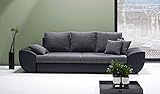 [page_title]-lifestyle4living Big Sofa in grau schwarz mit Schlaffunktion und Bettkasten, Kunstleder | XXL Couch inkl. 3 extragroßen Rücken-Kissen und hochwertiger Wellenfederung
