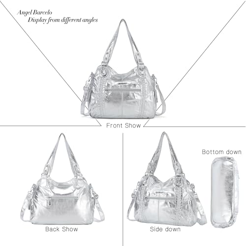 Angel Barcelo Roomy Fashion Hobo Womens Handbags Ladies Purse Satchel Shoulder Bags Tote Washed Leather Bag, Silver, Large
