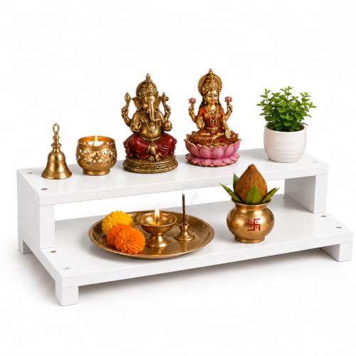 Image of Kamdhenu Wooden Pata Chowki for Pooja |2 Step Pata Chowki Decorative bajot for Sitting Pooja Temple Stool for Mandir| Wooden Bajot Chowki for Temple, Home & Decorative Use (15 x 8 x 3.5 Inch)