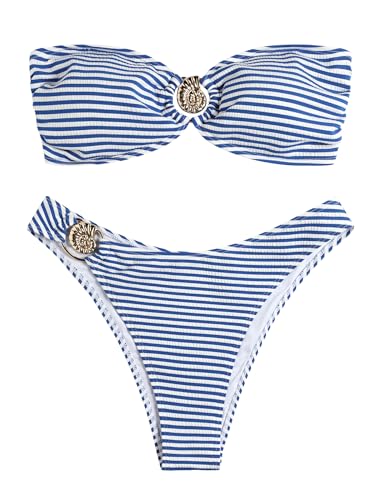 Image of ZAFUL Women's Bandeau Bikini O Ring Strapless Tie Back High Cut Two Piece Swimsuit Bathing Suits