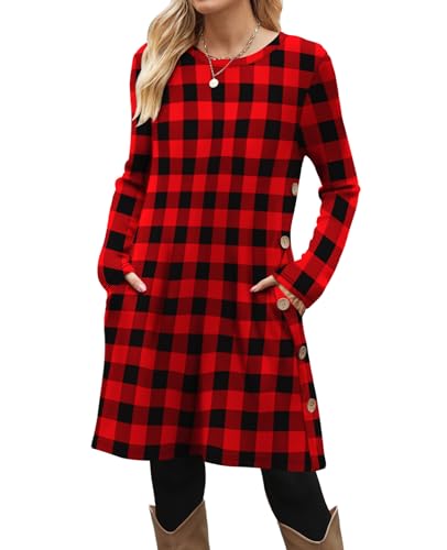 Image of OFEEFAN Long Sleeve Dress for Women Crew Neck Fall and Winter Tunic Dress with Pockets