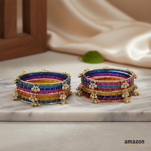 Image of NEW SURYA ENTRPRISES Kashmiri Ghangharoo Glass Bangle Set for Women|Light Weight Bangles|Traditional Transparent Fancy Glass Chudi Set Of 16(12 Glass + 4 ghungroo bangles)