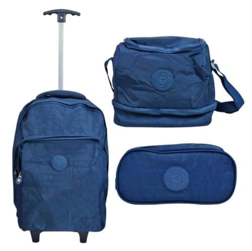 Kit Mochila de Rodinha Lancheira Térmcia Estojo Duplo Crinkle Yins YS41052 (Azul Escuro)