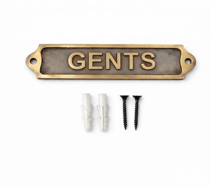 GENTS Antique Effect Door Plaque Sign | Vintage Style Toilet Washroom Bathroom Door Sign with Raised Lettering | Metal Wall & Door Name Plate with Fixing Screws | 22 x 5 cm | GENTS
