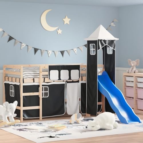 KLYEON Cama Alta niños con Torre Madera Pino Blanco Negro 80x200 cm Camas y somieres