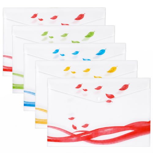 Image of Shuban A4 Plastic File Folder Document Organizer, Plastic File Holder with Snap Button, Waterproof Certificate Folder for Office, School, Home (Style-9- Leaf Printed Folder- 5 Pcs -Multi Color)