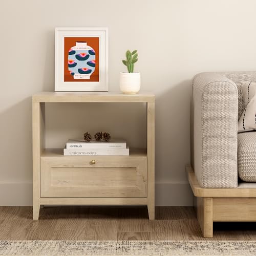 Image of EYYTHUNG Wooden Nightstands with Drawer Modern 24 inch Wide End Table Night Stand Large Farmhouse Bedside Table with Open Shelf Mid Century Night Stands for Sofa, Light Oak