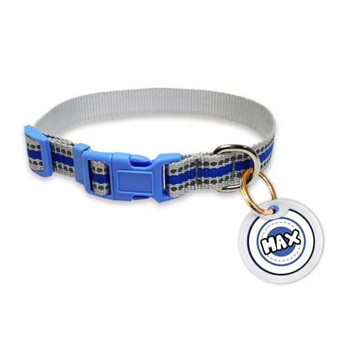 Image of Pawsindia Reflective Collar with Name Tag for Small & Medium Dogs, 0.75 Inches Wide and Adjustable Length Comes with Customize Name Tag - Blue