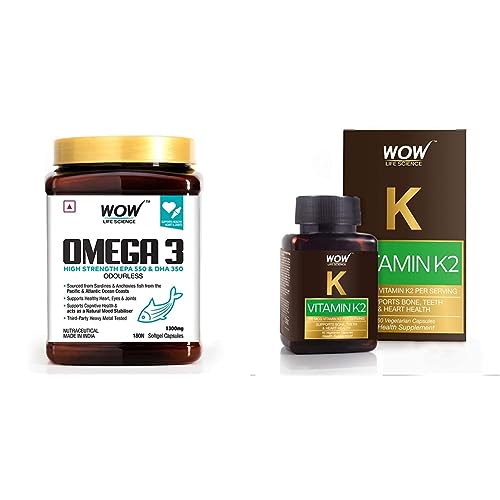 Image of WOW Life Science Omega-3 Fish Oil 1300 mg Triple Strength - 550mg EPA & 350mg DHA for Joints, Heart & Brain Health - 180 Capsules & WOW Life Science Vitamin K2 55mcg - 60 Vegetarian Capsules