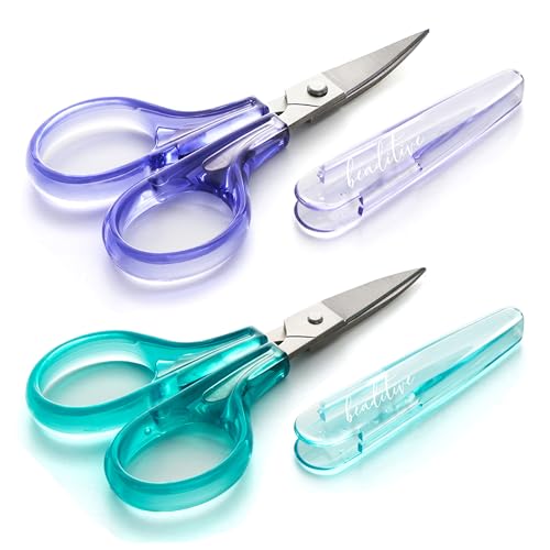 Beaditive Detail Craft Scissors Set (2 Pc.) Curved and Straight, Sharp, Compact | Sewing, Embroidery, Paper Cutting, Crafting | Stainless Steel | Protective Cover (Green)