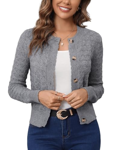 Damen Strickjacke Elegant Langarm Rundhals Cardigan Leicht Bolero Jäckchen mit Knöpfe Weiche Jacke über Top Kleid Grau,XXL