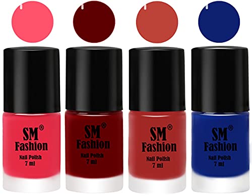 Image of Nail Polish Combo Set (Pack of 4) Quick Dry Gel Finish Nail Paint | Dark Pink,Dark Red,Dark Nude,Blue | 7 ml Each
