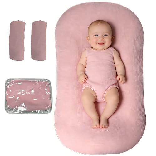 Image of Sofoliana Baby Lounger, Newborn Lounger with Breathable & Soft Cover for Floor, Couch & Travel, 0-24 Months Newborn Babies Essentials Gifts. Pink (2 Cover Included)