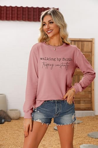 Christian Sweatshirts for Women Faith Tops Walking by Faith Tripping Constantly Religion Long Sleeve Crewneck Pullover2