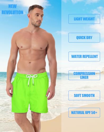 LUCOWEE Mens Swimming Trunks with Compression Liner no Chafe Soft Lined Swim Trunks Quick Dry UPF 50+ Stretchy 7 inch Inseam Bathing Suit Shorts Neon Green Small2