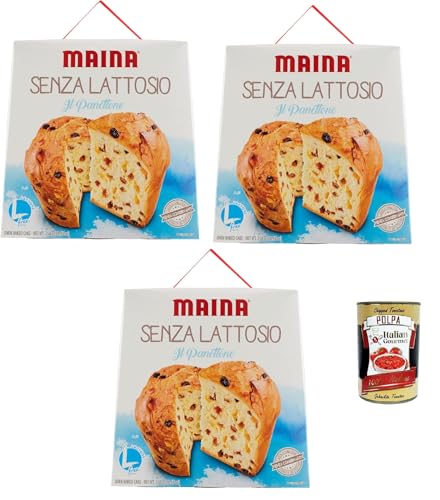 Maina Panettone Senza Lattosio Panettone - Pastel de Navidad sin lactosa con frutas confitadas naranja (3 x 750 g + polpa italiana gourmet 400 g)