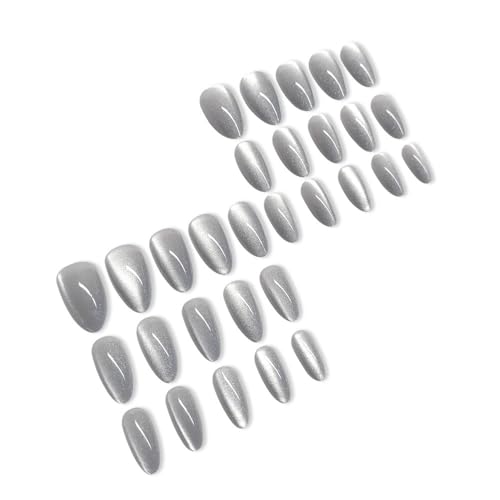 Image of Secret Lives Cats Eye Reusable Artificial Grey Color Almond Shape Design Long Lasting Fake Press on Nails 24 Pieces Set with Kit