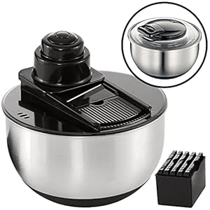 QUKERA Salatschleuder Edelstahl 3 in 1 Multifunktion 5L Volumen Schleuder mit Seilzug Gemüseschneider Gemüsehobel Deckel…