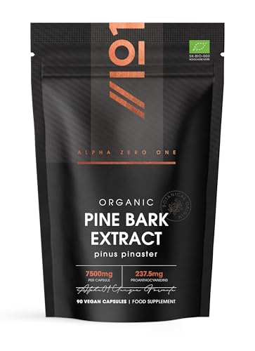 Organic Pine Bark Extract 7500mg 237mg OPC Proanthocyanidins High Strength 90 Vegan Capsules (3 Months Supply) Resealable and Recyclable Pouch by Alpha01