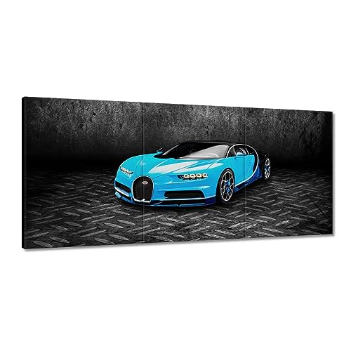 Voiture super rapide bleue : tableau décoration murale triptyque sur toile 150 x 70 cm