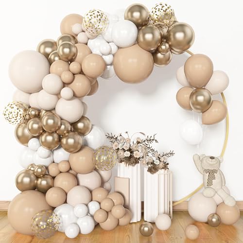 BlueCloudy 153 Stück Luftballon Girlande Weißsand Bogen Kit Ballongirlande Beige Weiße Cremegold Latexmetallisch Konfetti Luftballons Ballonbogen für Boho Neutral Party Hochzeit Geburtstag Deko
