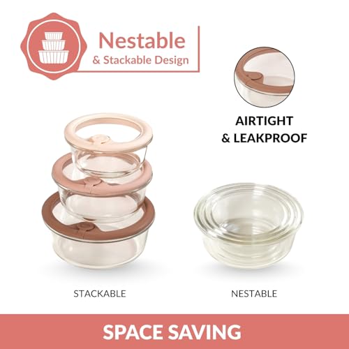 Image of Nestasia Vento Glass Containers with Lid Set of 3 (400ml, 620ml, 950ml) - Round Containers with Air Vent Lid for Kitchen Storage | Microwave, Dishwasher & Refrigerator Safe (Beige Ombre)