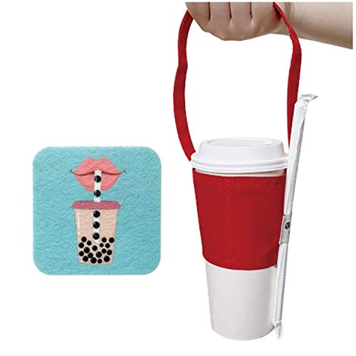 Portable Hands-Free Coffee &amp; Boba Cup Carrier Strap &amp; Straw Loop (Red)