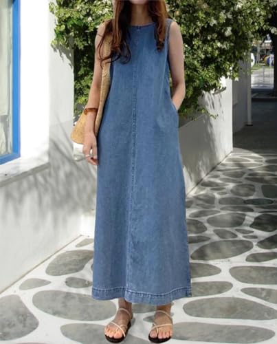Geleglaer Denim Dress for Womens Sleeveless Jeans Maxi Dress Vintage Casual Loose Tank Dress with Pockets 2024 Summer4
