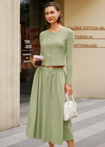 Image of Panadila Womens 2 Piece Lounge Sets Matching Vacation Outfits Ribbed Button Down Cardigan and Elastic Waist Skirt Sets