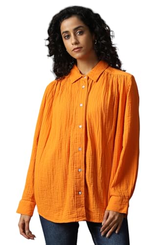 Image of High Star Women Cotton Solid Oversized Fit Casual Collar Full Sleeves Shirts