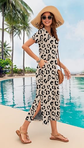 Image of MISFAY Womens Maxi Dress Short Sleeve V Neck Loose with Pockets | Soft stretchy breathable, v neck loose fit, side split hem, two side pockets, casual daily beach vacation travel dress