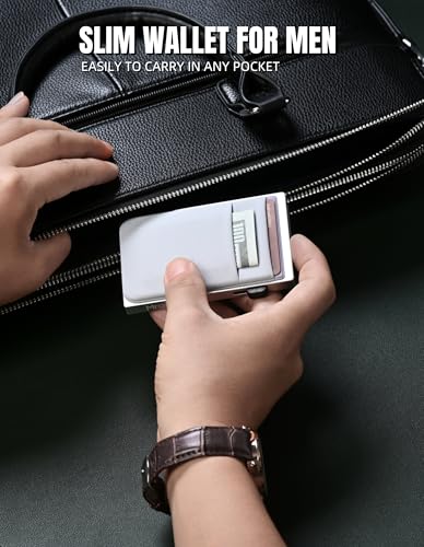 Image of Slim Wallet for Men, Aluminum Credit Card Holder, Minimalist Metal Pop Up Wallet, RFID Blocking, Coin and Cash Pocket, Ultra Slim, Gift for Him (Silver)